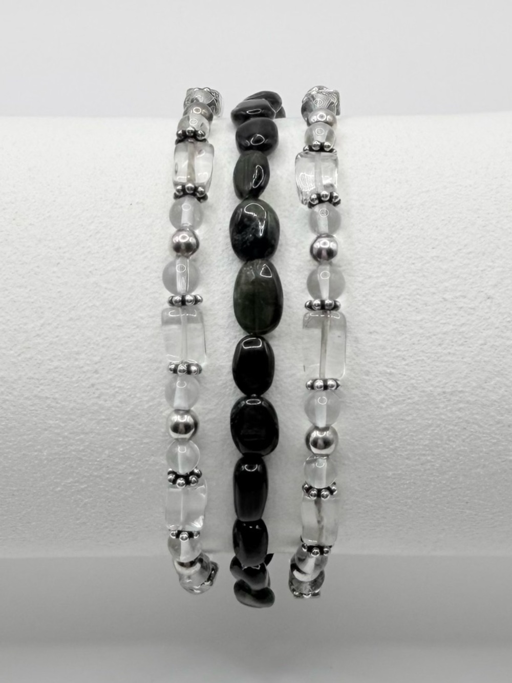 Sterling Silver, Semi-Precious Quartz Crystal snd Green Tourmaline Bead Bracelet